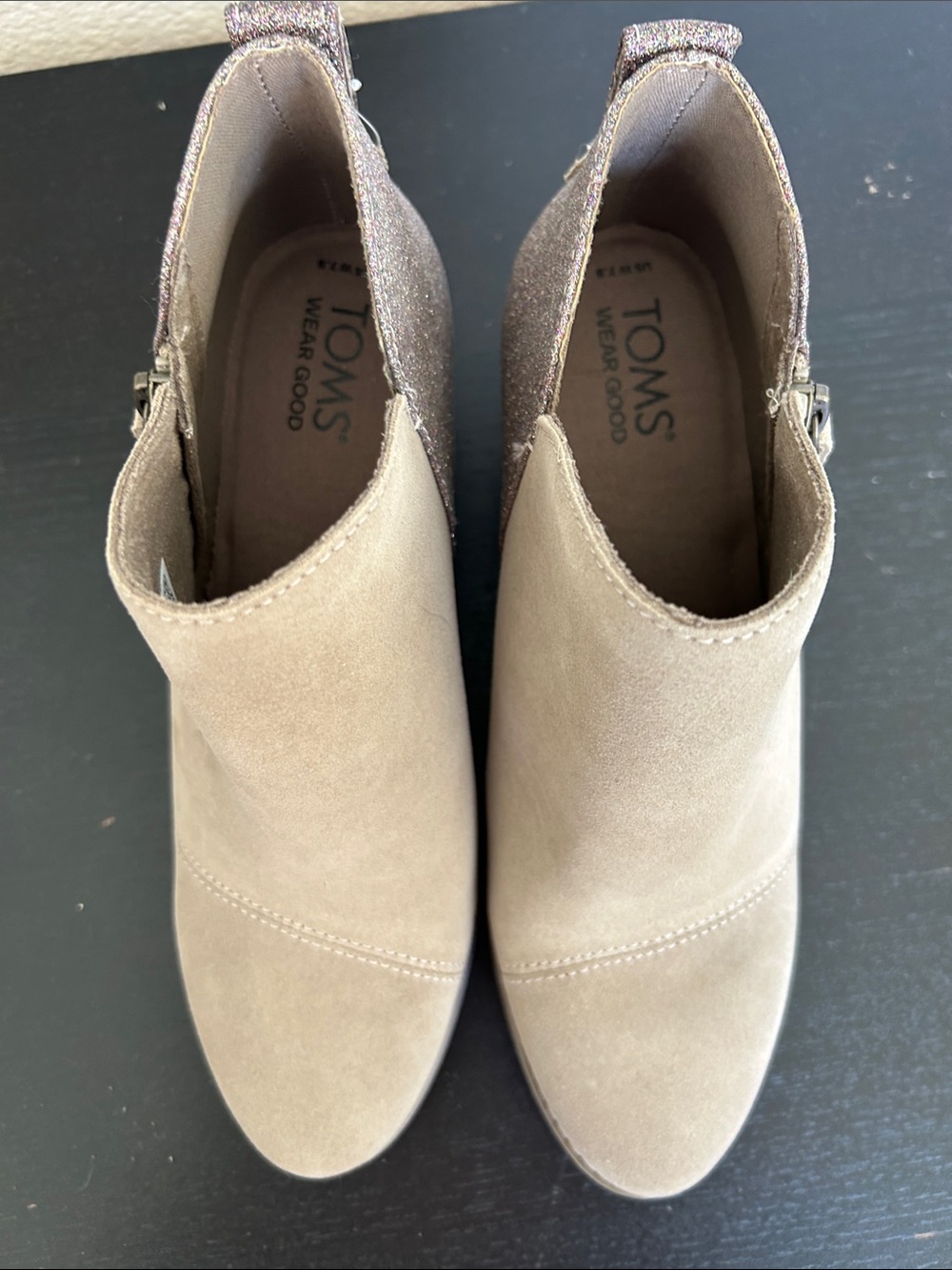 Toms Taupe Suede Ankle Booties with Multicolor Glitter Heel - Picture 4 of 6